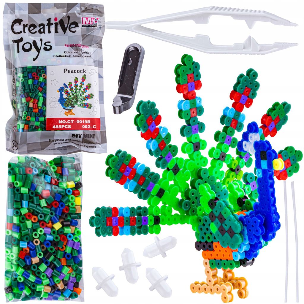 Bügelperlen 3D Pfau – Kreatives Bastelset mit 485 Perlen, DIY Perlen-Steckspiel für Kinder ab 6 Jahren