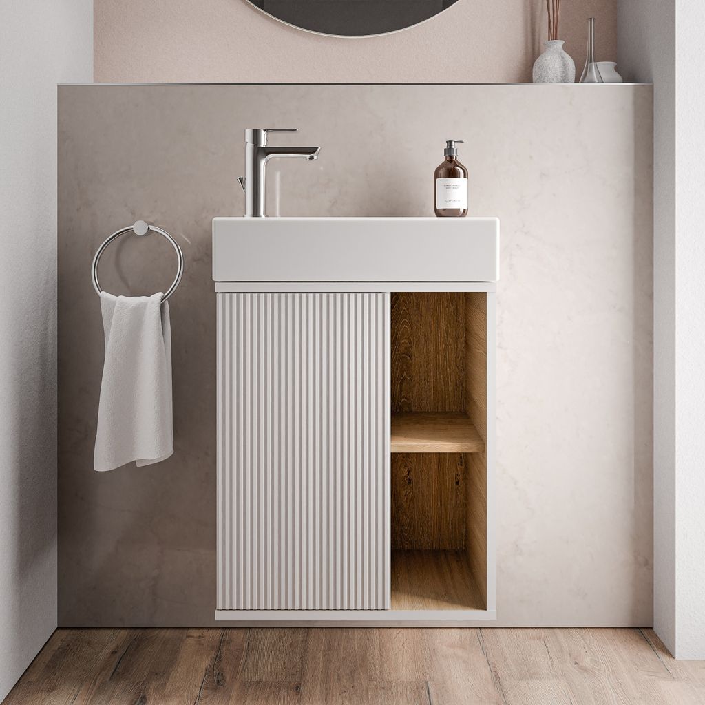 Waschbecken mit Waschtischunterschrank BELDIVO 50 cm - Türanschlag links - Farbe wählbar, Farbe:Weiß matt