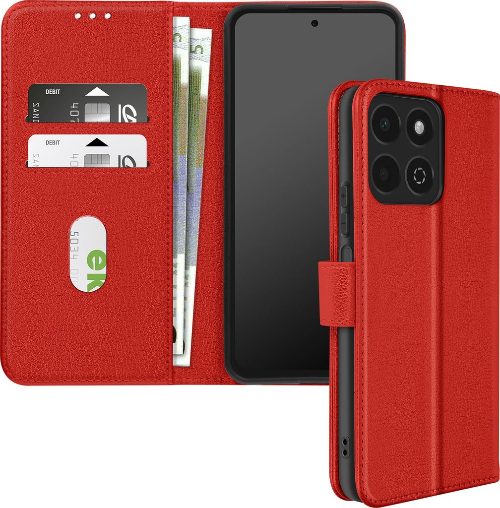 A red leather wallet-style phone case with a phone inside, showing card slots and banknotes.