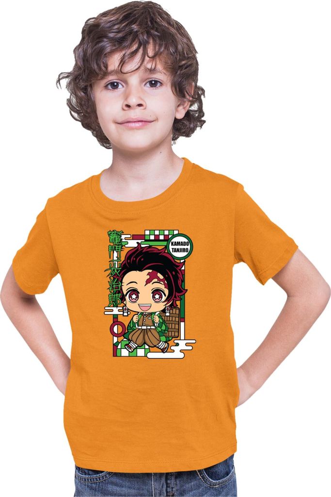 Kinder T-Shirt Demon Anime Slayer Kimetsu No Yaiba Chibi Tanjiro Kamado, 9-11 Jahr - 140 / Orange