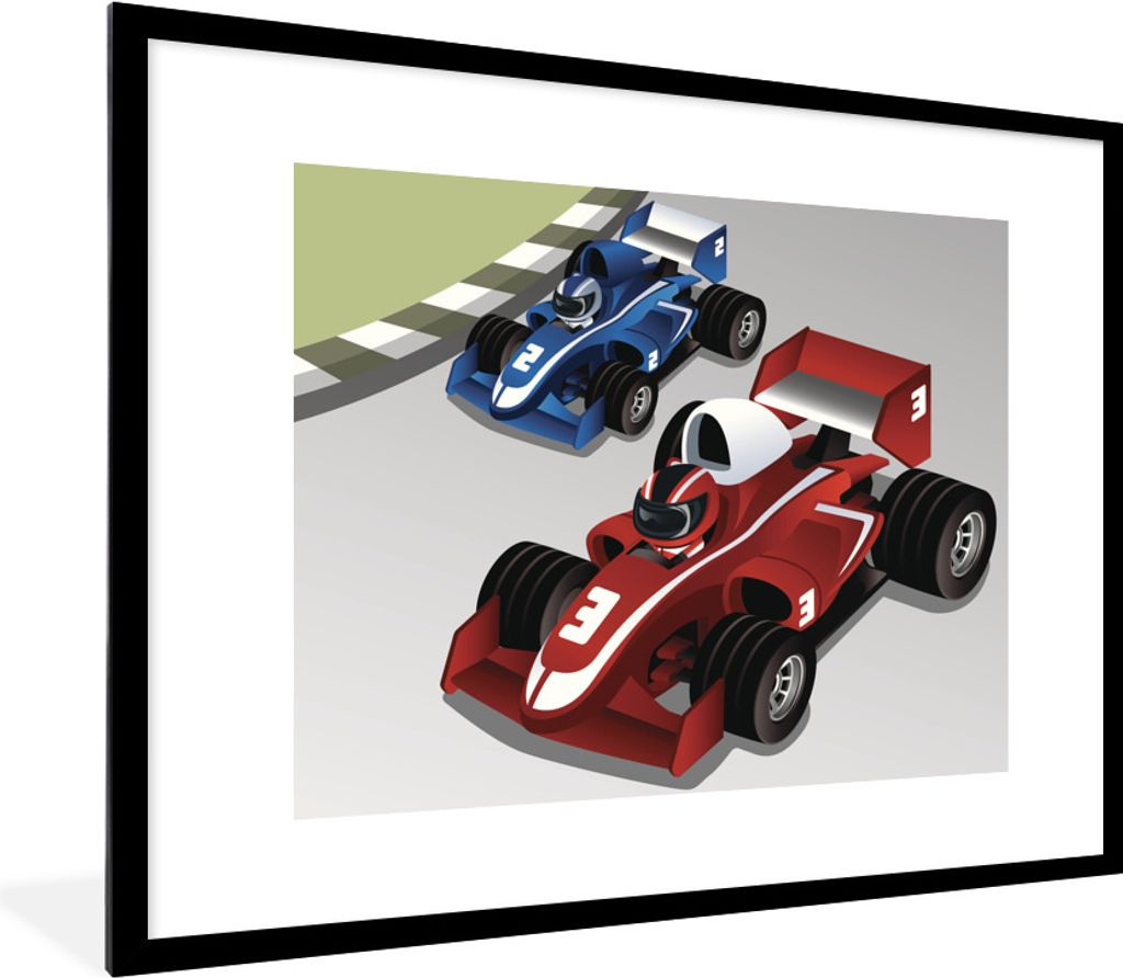 MuchoWow Gerahmtes Poster Ein Rennen zwischen zwei Formel-1-Autos in einer Illustration 80x60 cm - Poster mit Schwarzem Bilderrahmen Wandposter R...
