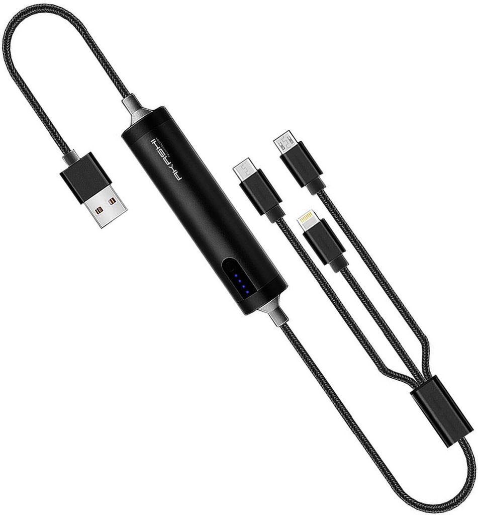 2600mAh Akashi Powerbank, 3-in-1 Kabel Micro-USB/iPhone/iPad/USB-C – Schwarz