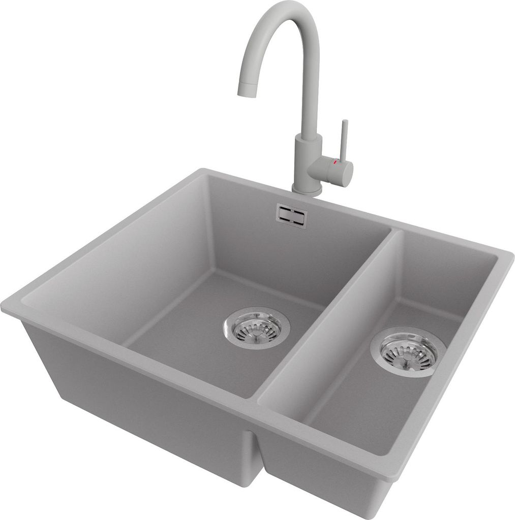 PRIMAGRAN Unterbauspüle Granit Grau 56x47cm, Spülbecken 1,5 Becken + Küchenarmatur 32x20cm + Ablauf-Set, Granitspüle ab 60er Unterschrank - Lon...