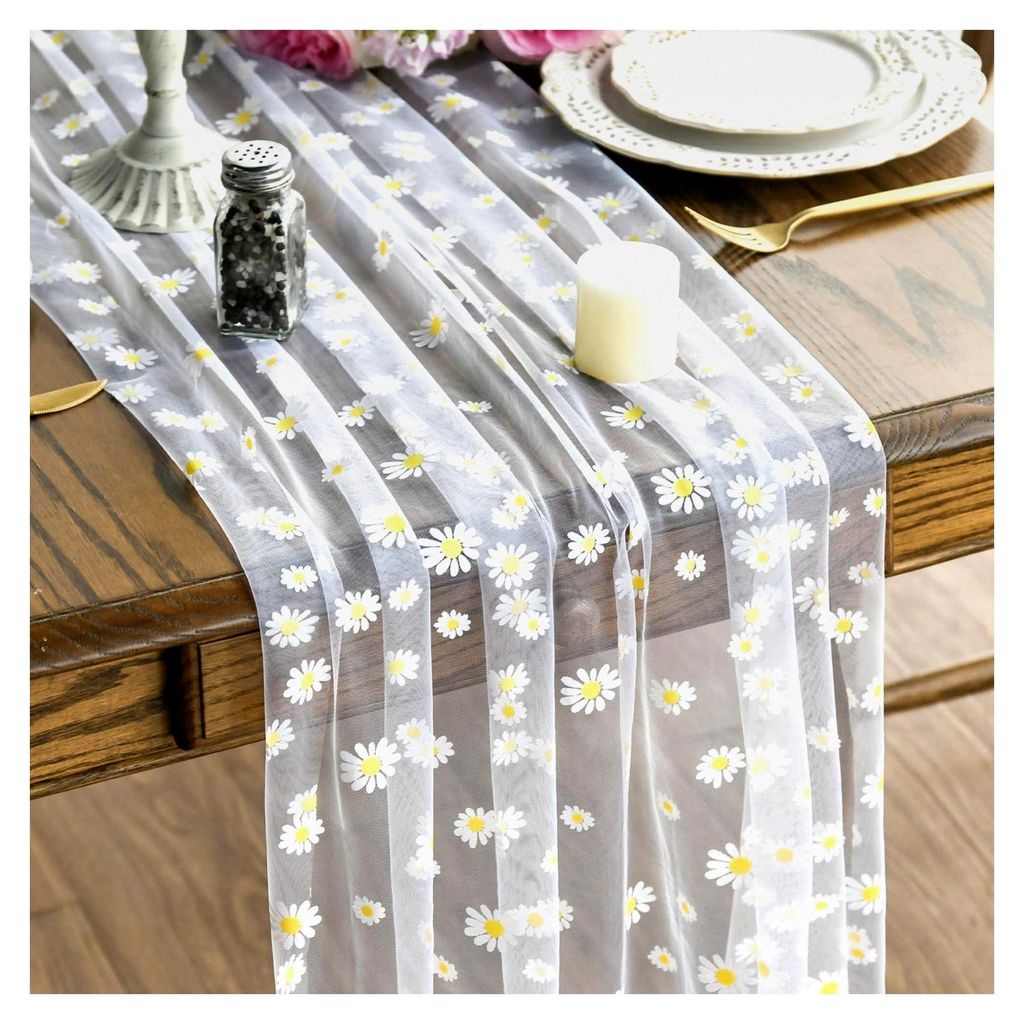 Weißer Gänseblümchen Tüll Gaze Tischläufer 70x300 cm, Tischdekoration für Küche und Feierlichkeiten