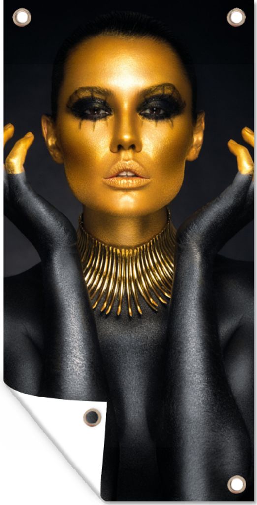 MuchoWow 40x80 cm Outdoor-Poster Gartendeko Sichtschutz Garten Poster für den Garten Frau - Porträt - Gold - Luxus - Schwarz