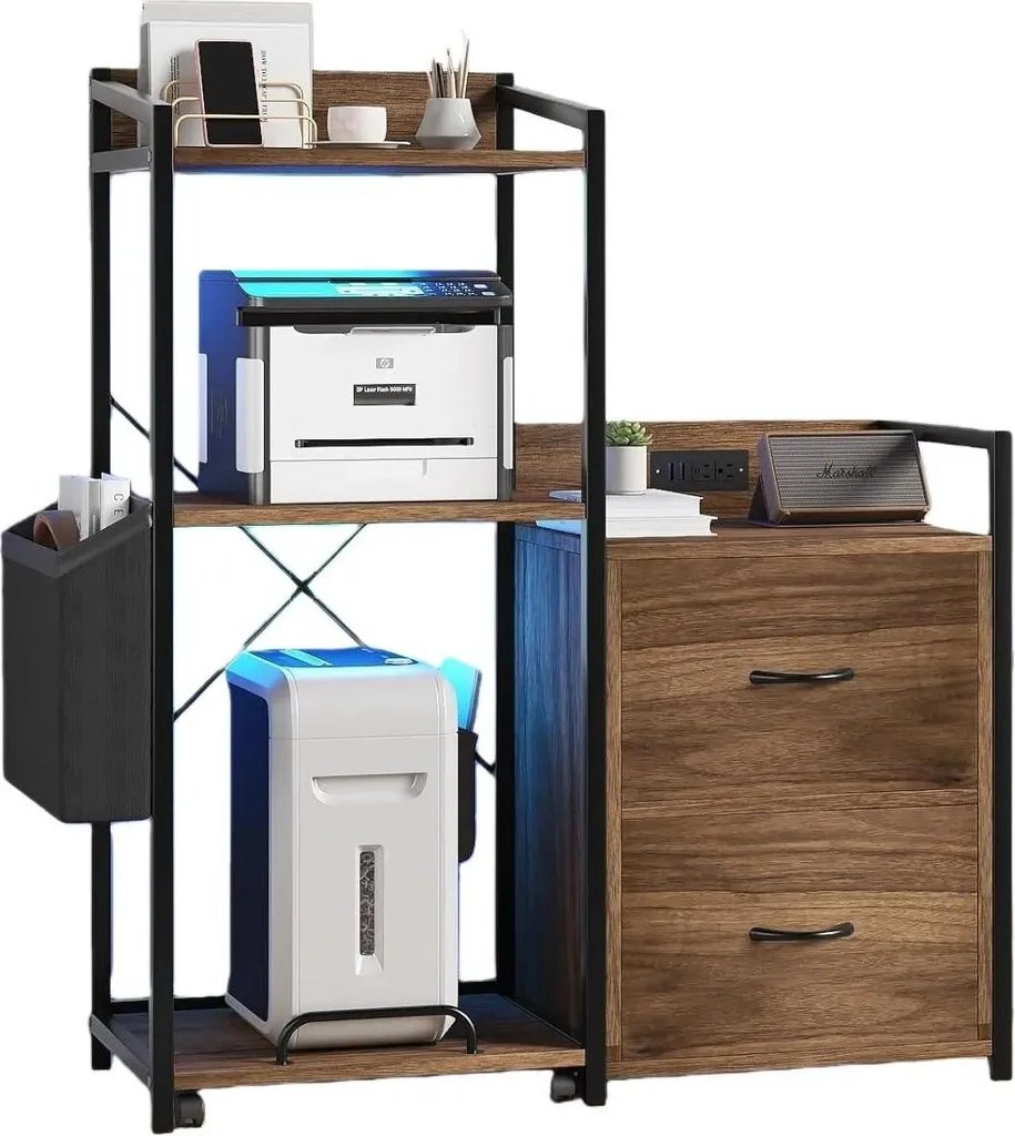 Meuble Bureau Imprimante Rouge avec Tiroirs et Ports de Charge USB