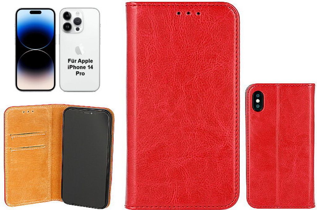 OLLI BookCase - für Apple iPhone 14 Pro – REAL LEATHER red, aus handgefertigtem, rotem Echtleder