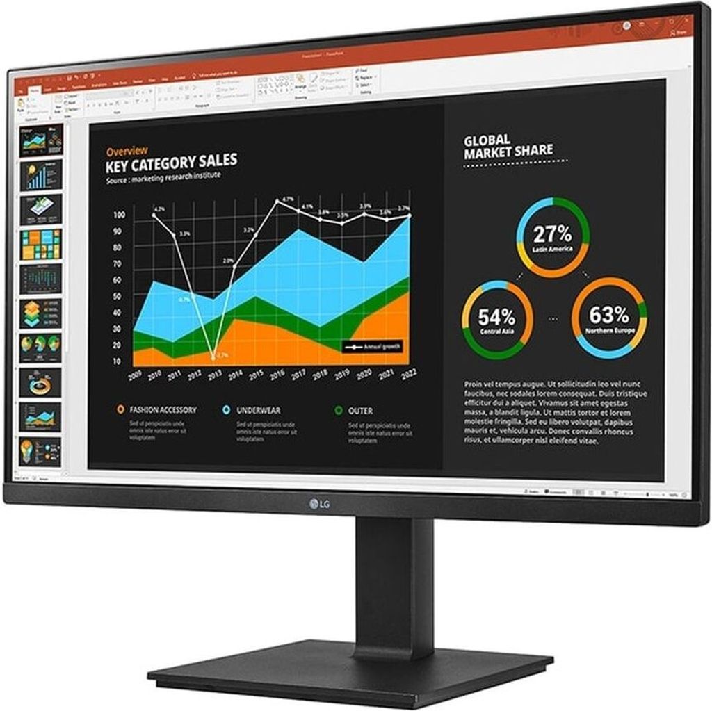 A computer monitor displaying a presentation with charts and graphs.
