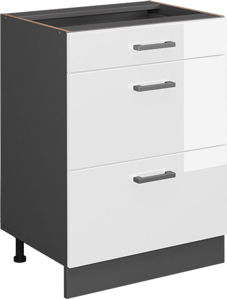A kitchen cabinet with three drawers.