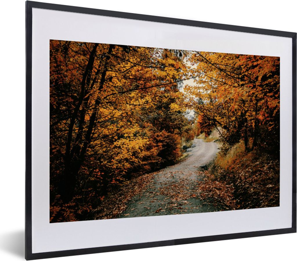 MuchoWow Gerahmtes Poster Herbstwald - Weg - Laub - Ländlich 40x30 cm - Poster mit Schwarzem Bilderrahmen Wandposter Rahmen Foto Bilder - Bilder...