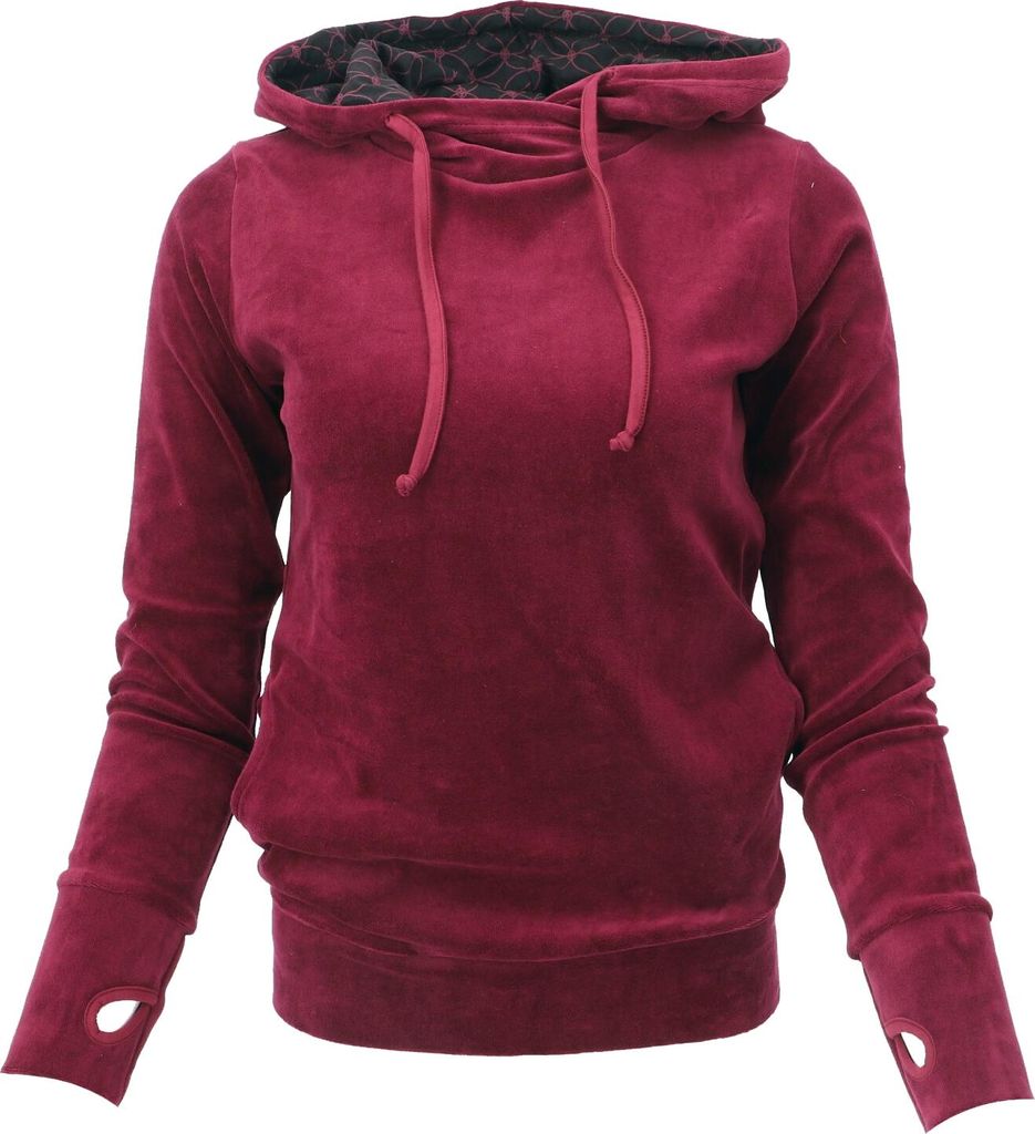 Nicki-Kapuzenpullover, Weicher Hoodie, Boho Samt Sweatshirt - Weinrot, Damen, Baumwolle,Polyester, Größe: XL
