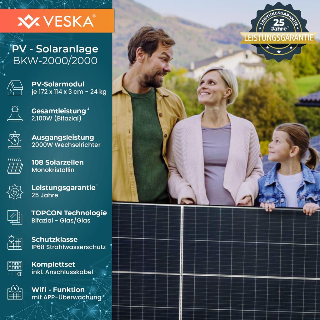 Balkonkraftwerk 2000W Bifazial Photovoltaik Glas/Glas Produktbild 