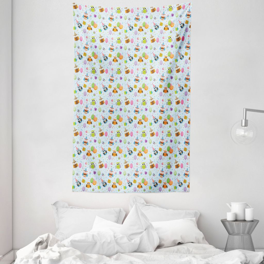 ABAKUHAUS Geburtstag Wandteppich und Tagesdecke, Eulen Cakes Geschenke aus Weiches Mikrofaser Stoff Waschbar ohne Verblassen Digitaldruck, 140 x 23...