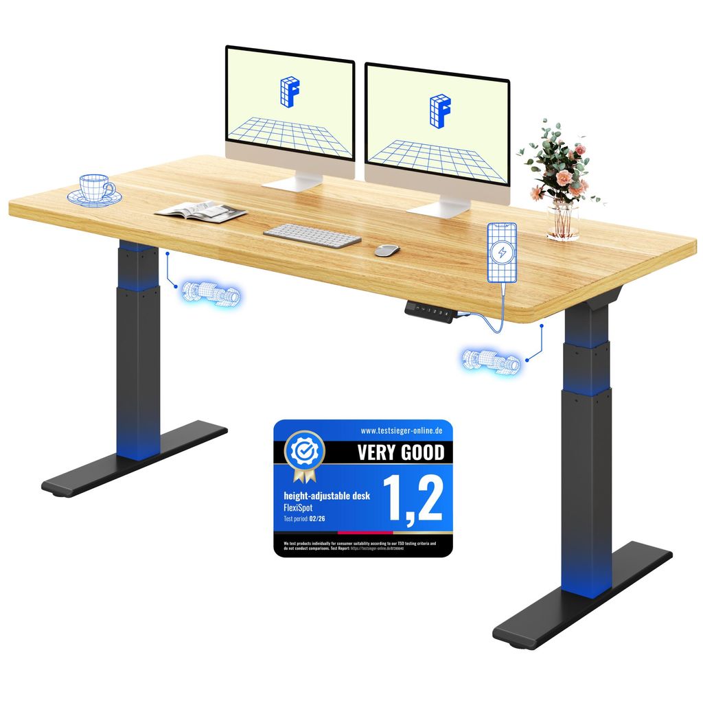 FLEXISPOT ValtreX E200 Höhenverstellbarer Schreibtisch 160x80cm 200KG TRAGKRAFT, 25MM EINTEILIGE TISCHPLATTE, 2 Motoren, USB-Anschluss, Ahorn