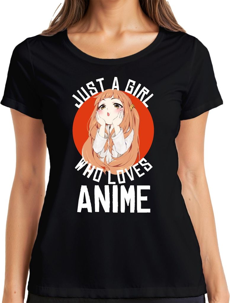 JUST A GIRL WHO LOVES ANIME Anime Mädchen Otaku Manga Kawaii Fan Damen T-Shirt, Schwarz, M