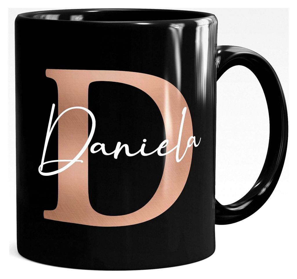 Personalisierte Kaffeetasse mit Initiale und Namen in Schwarz