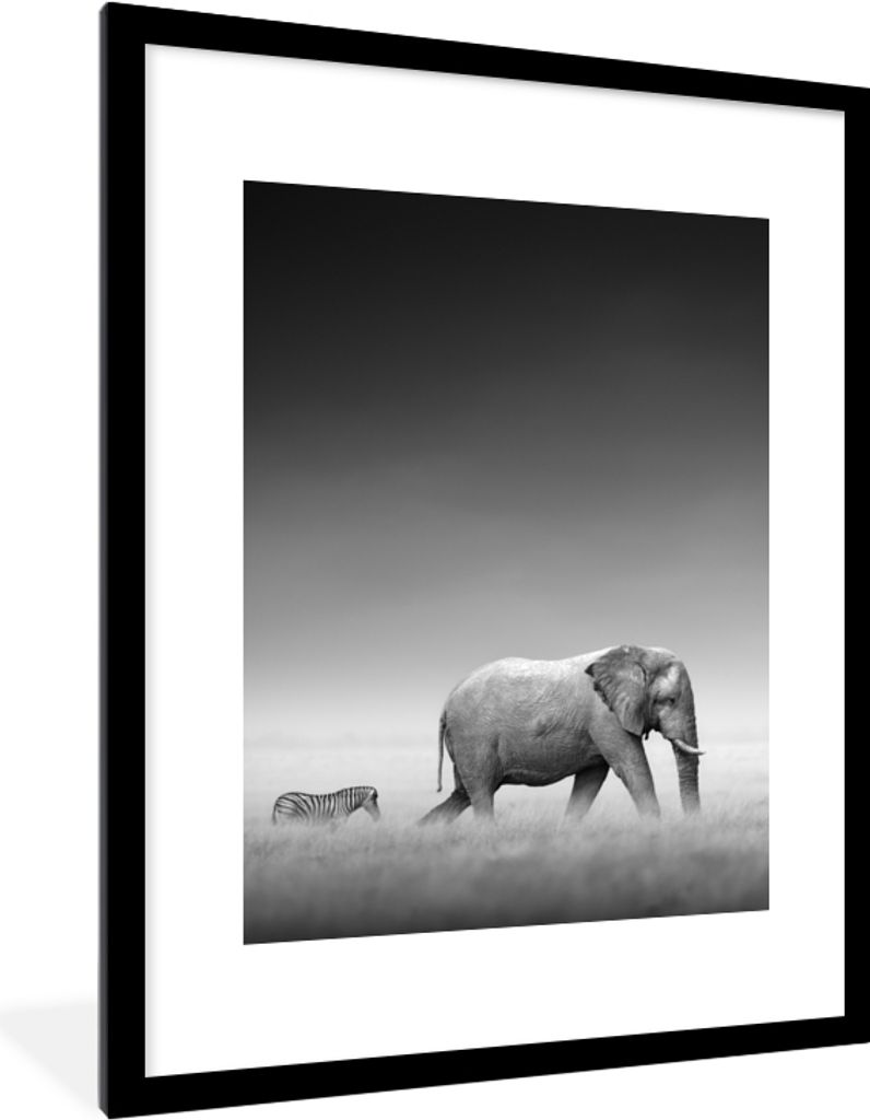 MuchoWow Gerahmtes Poster Elefant - Tiere - Landschaft - Schwarz und weiß - Zebra 60x80 cm - Poster mit Schwarzem Bilderrahmen Wandposter Rahmen...
