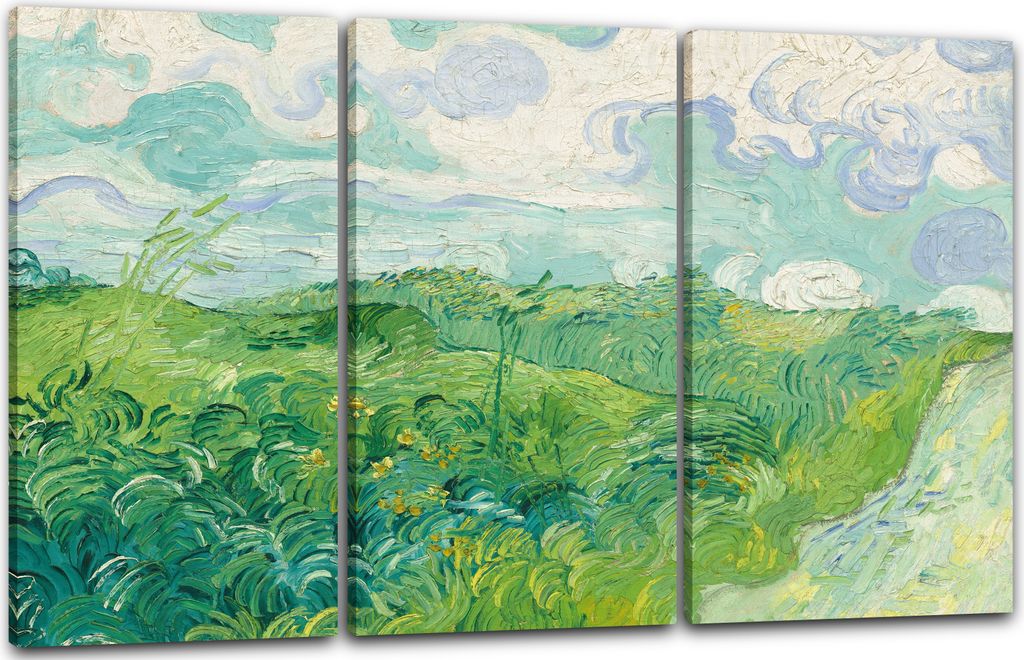 Leinwandbild 3-teilig (120x80cm): Vincent van Gogh - Feld mit grünem Weizen (1889), echter Holz-Keilrahmen inkl. Aufhänger, handgefertigt in Deut...