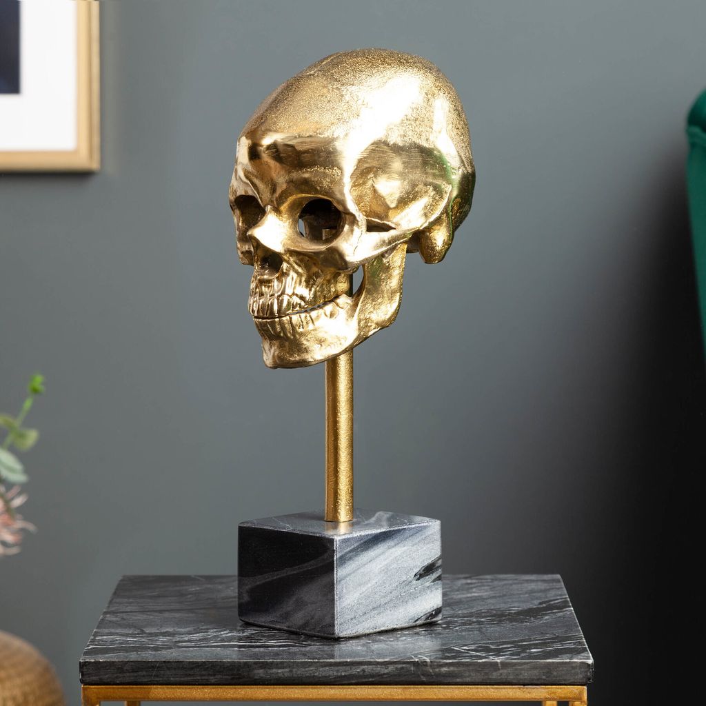 Elegante Skulptur SKULL 35cm gold Totenkopf mit Marmorfuß Produktbild 