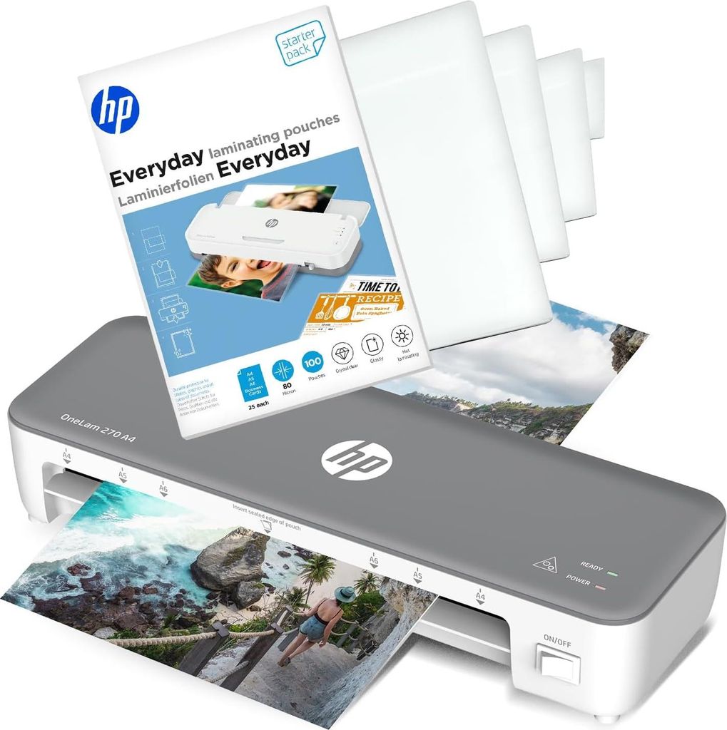 HP OneLam 270 A4 Laminiergerät + Laminierfolien Starter-Set 100 Stück