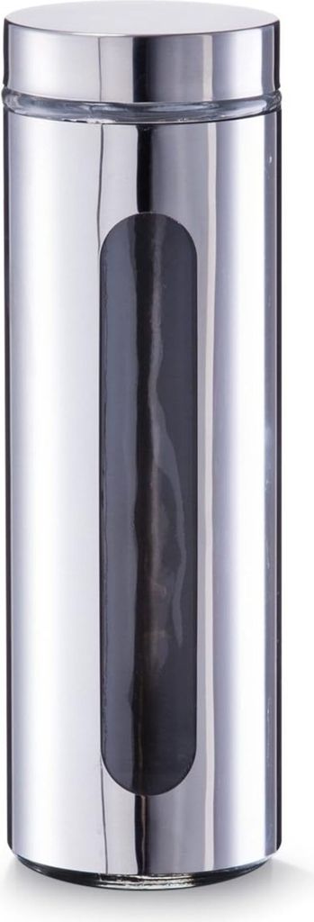 A tall, cylindrical stainless steel storage jar with a clear window.