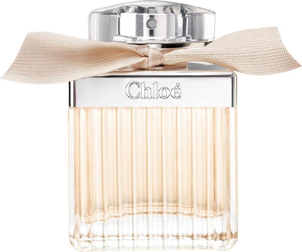 A Chloé Eau de Parfum bottle with a ribbon tied around the neck.