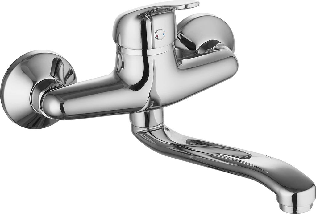 sanicomfort Küchenarmatur Wand WIEN chrom – Spültischarmatur mit Einhebelmischer, 360° schwenkbar – Wasserhahn Küche aus Messing – Hochdr...