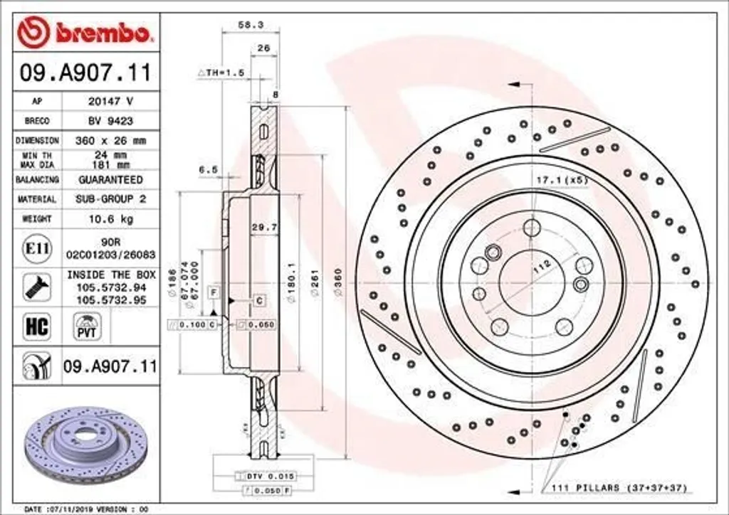 Disque de frein ventilé Brembo 09.A907.11 compatible SLS AMG R197 OE