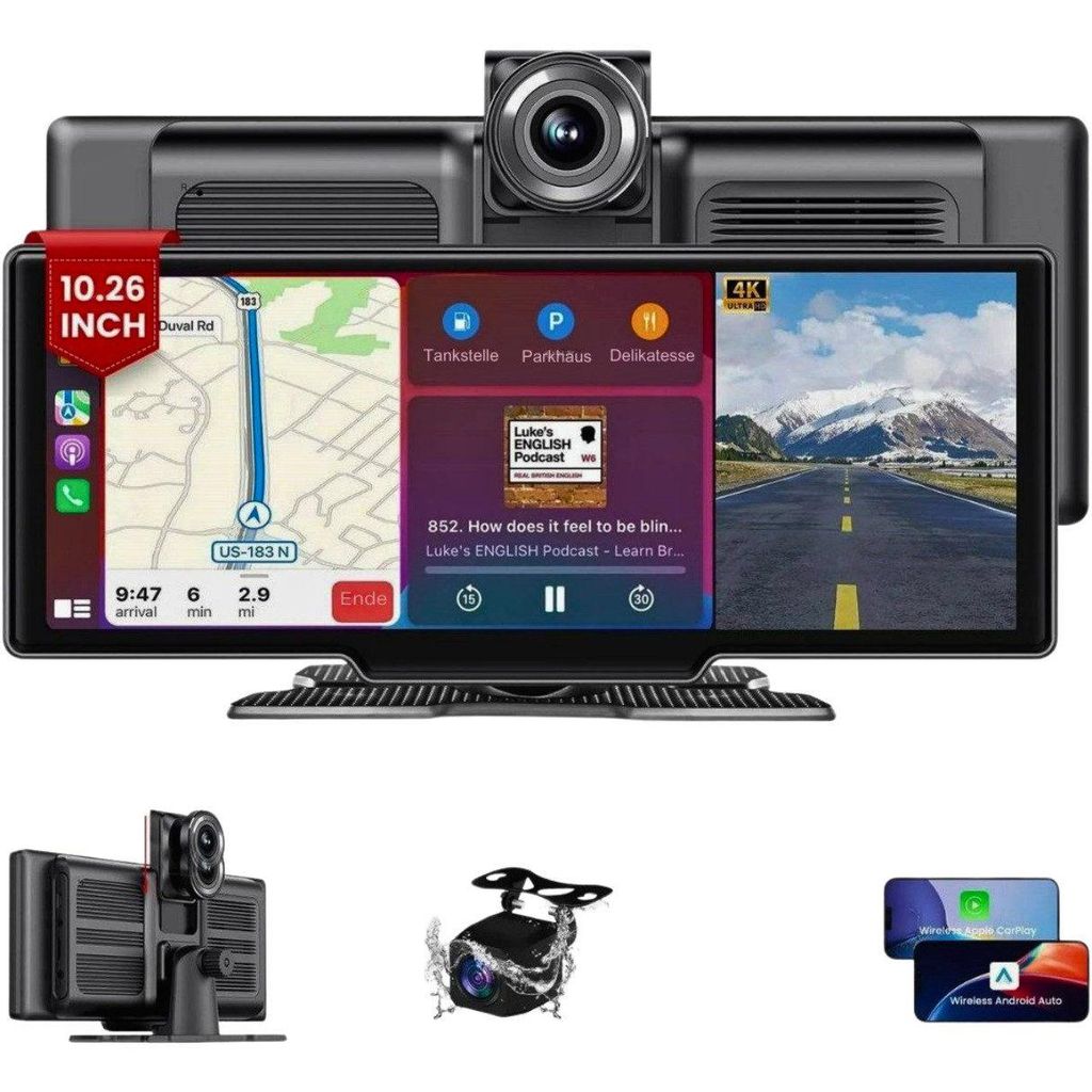 A multi-functional car dashcam with navigation and camera display.