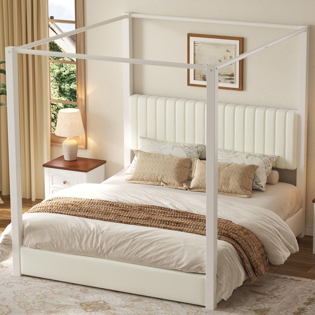 MODFU Doppelbett 180 x 200 mit Himmelbett-Design,Polsterbett mit gepolstertem Kopfteil,Jugendbett Bettrahmen mit Metallrahmen,ohne Matratze,Beige +...