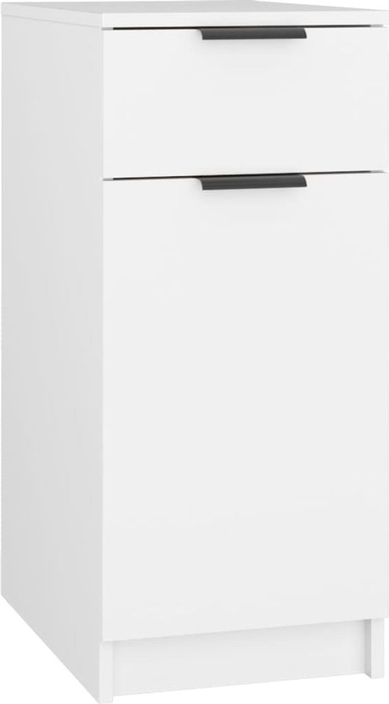 A white filing cabinet with two drawers is shown in a studio setting.