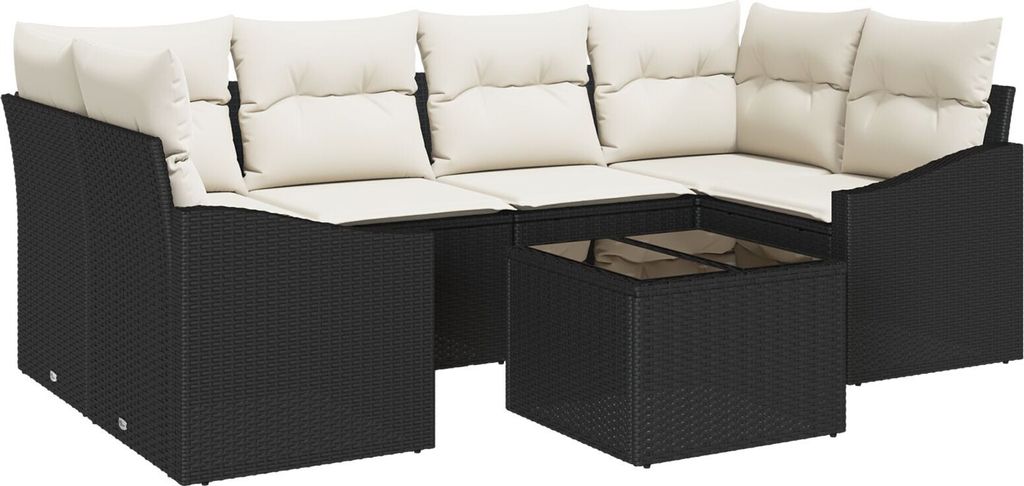 Möbel 7-teiliges Gartentischset mit Kissen Schwarz Poly-Rattan - Gartensofas 3355286