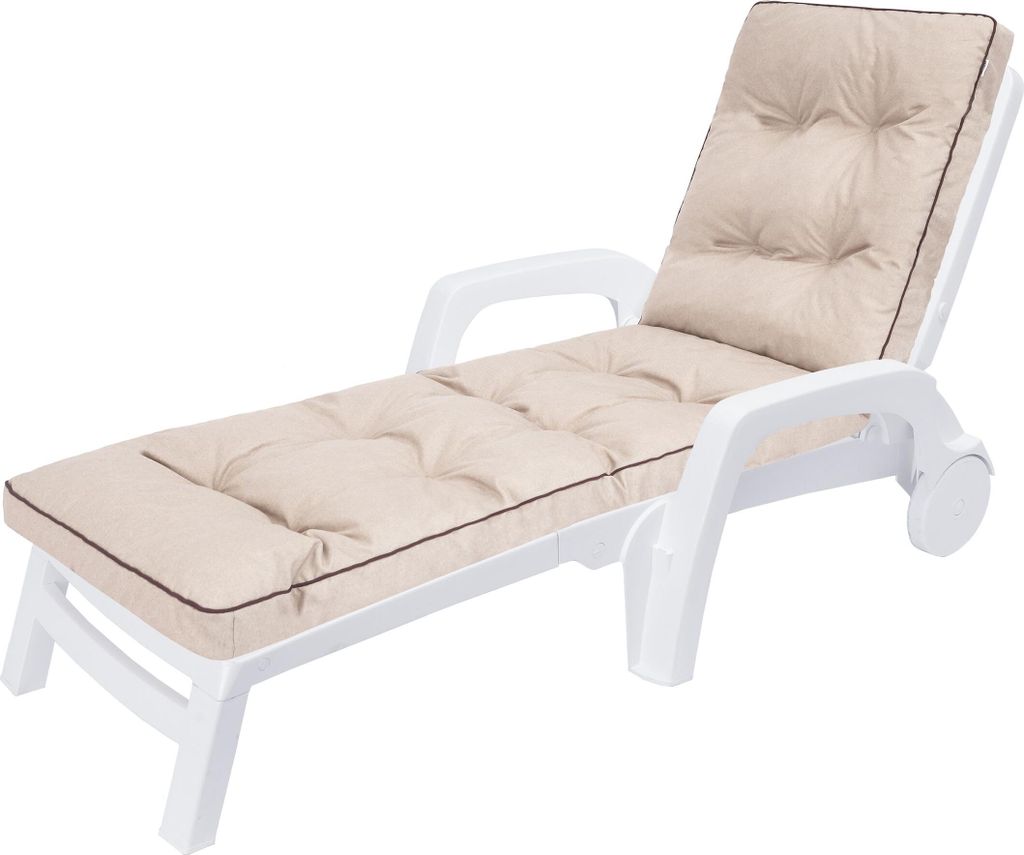 A white plastic sun lounger with a beige cushion, shown on a white background.