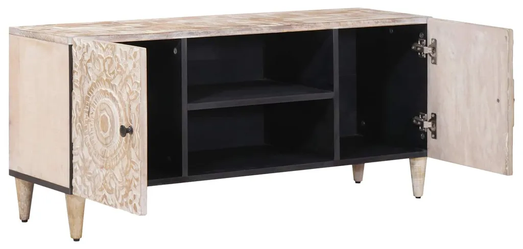 Banc TV en bois massif blanc de manguier 105 cm pour petit espace