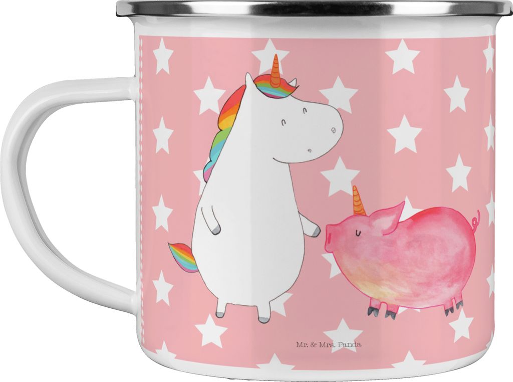 Mr. & Mrs. Panda Emaille Tasse Einhorn Schwein - Rot Pastell - Geschenk, Einhörner, Unicorn, Schweinchen, Becher, Pott, Kaffeepott, Freundin, Teet...