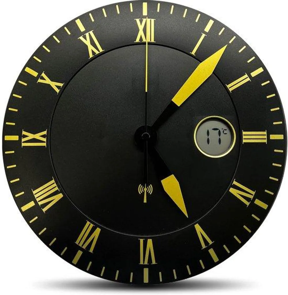 Horloge murale silencieuse dorée avec thermomètre et grand écran LCD