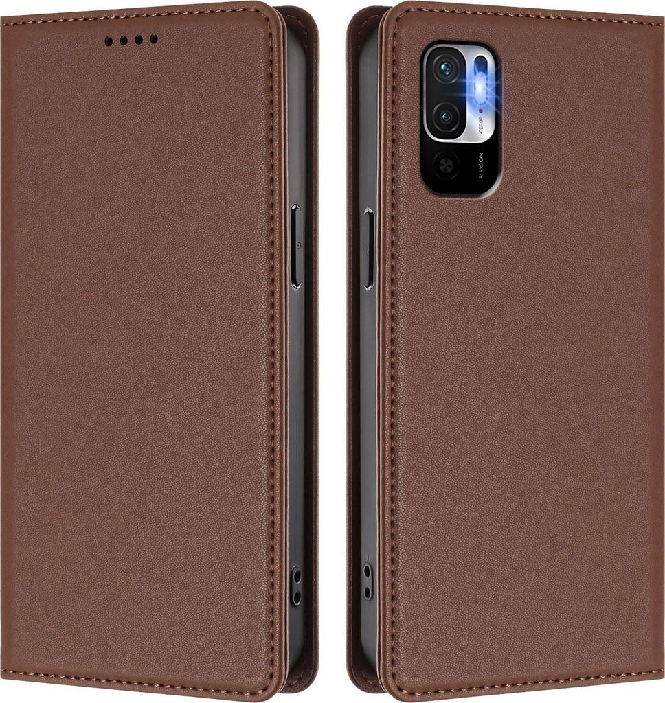 Handyhülle für Xiaomi Poco M3 Pro/ Redmi Note 10 5G, Kunstleder Klapphülle Stoßfeste Magnetische Hülle mit Ständer Braun