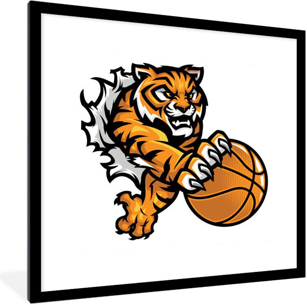 MuchoWow Gerahmtes Poster Ein Tiger packt den Basketball mit seinen Krallen in einer Illustration 40x40 cm - Poster mit Schwarzem Bilderrahmen Wa...
