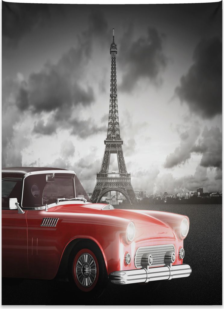 Abakuhaus Paris Wandteppich, Oldtimer und Eiffel aus Weiches Mikrofaser Stoff Kein Verblassen Klare Farben Waschbar, 110 x 150 cm, Grau Rot