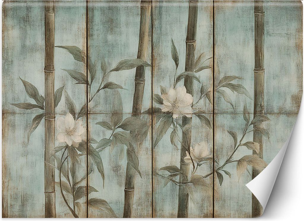 Vlies fototapete Bambussprossen mit Blumen auf strukturiertem Hintergrund 150x105 cm Feeby Blau inkl. Kleber einfache Montage