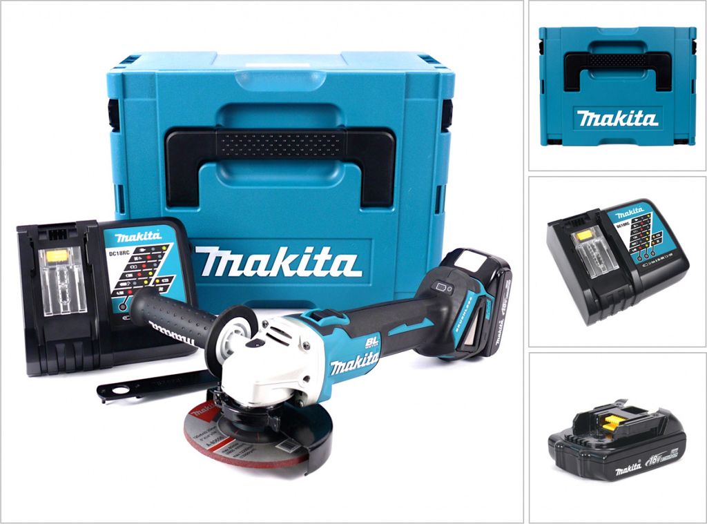 Makita DGA 504 RY1J Akku Winkelschleifer 18V 125mm Brushless + 1x Akku 1,5Ah + Ladegerät + Makpac