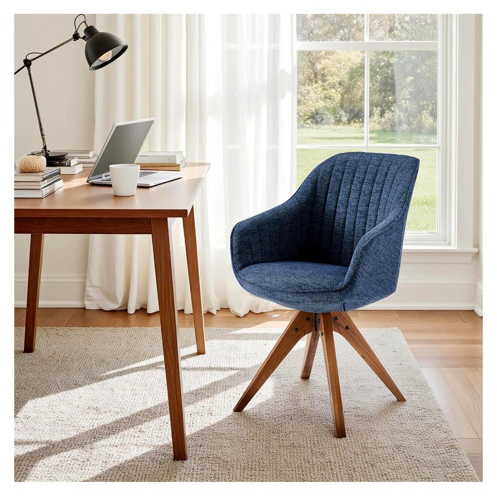 Drehstuhl für das Esszimmer, Küchenstuhl in Blau mit Armlehnen und Polsterung, Massivholzbeine, bis 130 kg belastbar, Sitzfläche 43x43 cm