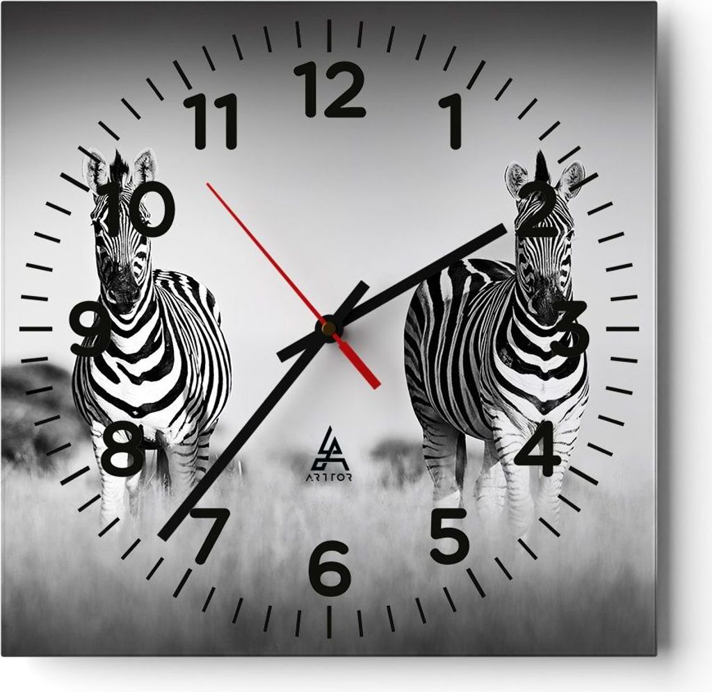 Wanduhr - Quadrat - Glasuhr - Zebras Fotografie Schwarzweiß Produktbild 