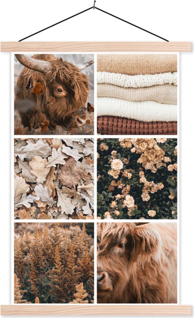 MuchoWow Textilposter Schottisches Hochlandrind - Herbst - Collage 120x180 cm mit holzfarbenen Rahmen - Textil-Plakat