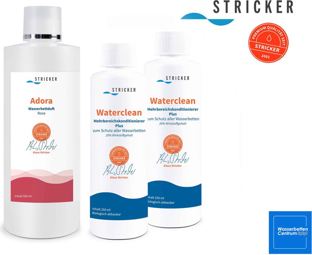 Wasserbetten Pflege - 2x Waterclean Wasserbett Konditionierer - 1x Adora Wasserbettduft Rose
