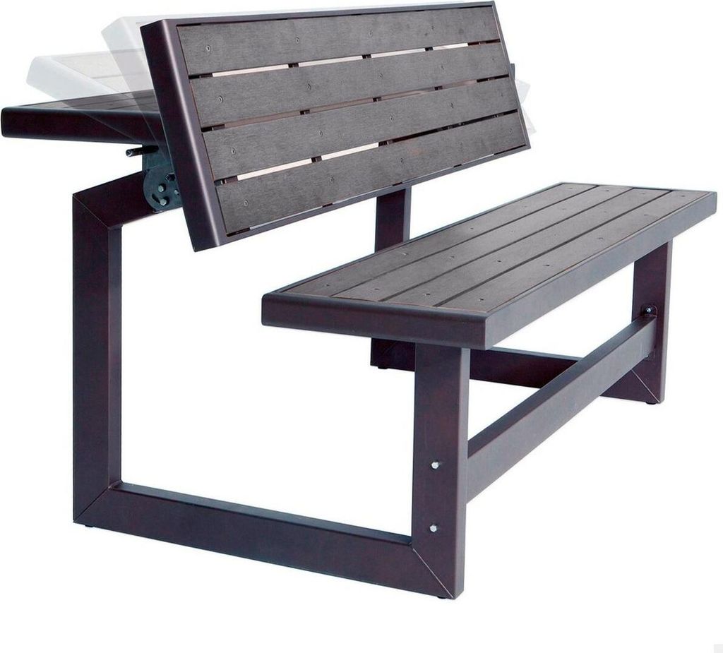 A dark gray, multi-functional picnic bench that can be converted into a table.
