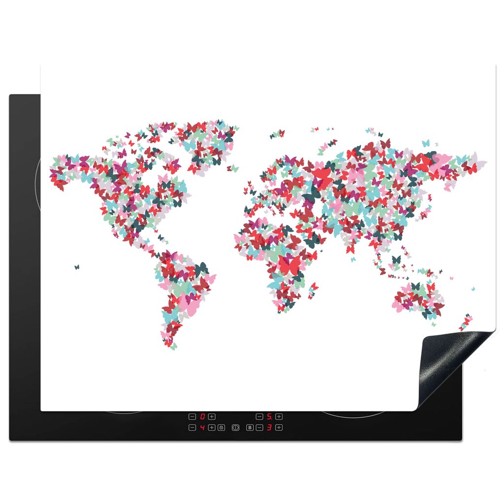 KitchenYeah Herdabdeckplatte Weltkarte - Schmetterlinge - Farben , 77x59cm, Küche Deko, Glaskeramikkochfeld Herdabdeckung, Abdeckplatte fùr Koc...