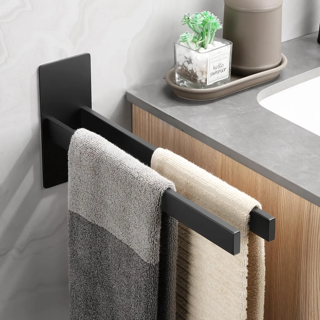 Porte-serviettes double en acier inox noir mat, 2 bras, sans perçage