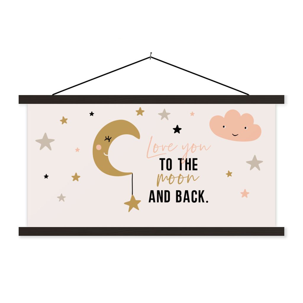 MuchoWow Textilposter Zitate - Ich liebe dich bis zum Mond und zurück - Sprichwörter - Kinder - Baby 60x30 cm mit schwarzem Rahmen - Textilien