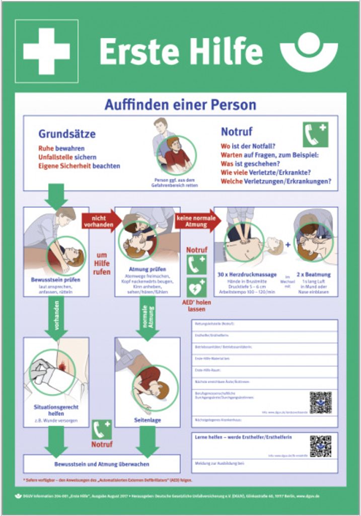 Aushang Erste Hilfe nach DGUV | PVC 59 x 41 cm | Notfallplan Sicherheitsaushang